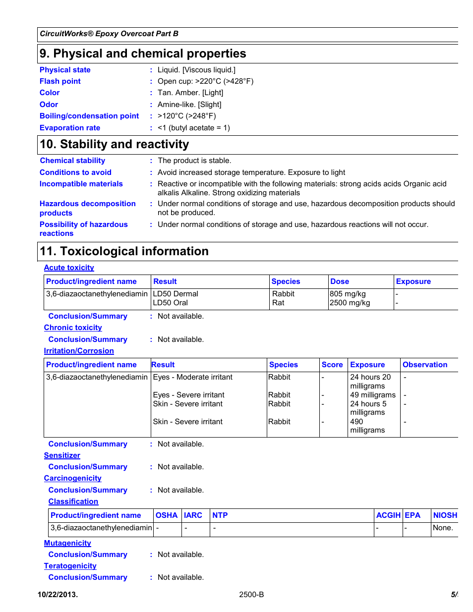 Physical and chemical properties, Stability and reactivity, Toxicological information | Chemtronics CircuitWorks® Epoxy Overcoat (Adhesive Syringe) CW2500 User Manual | Page 5 / 9