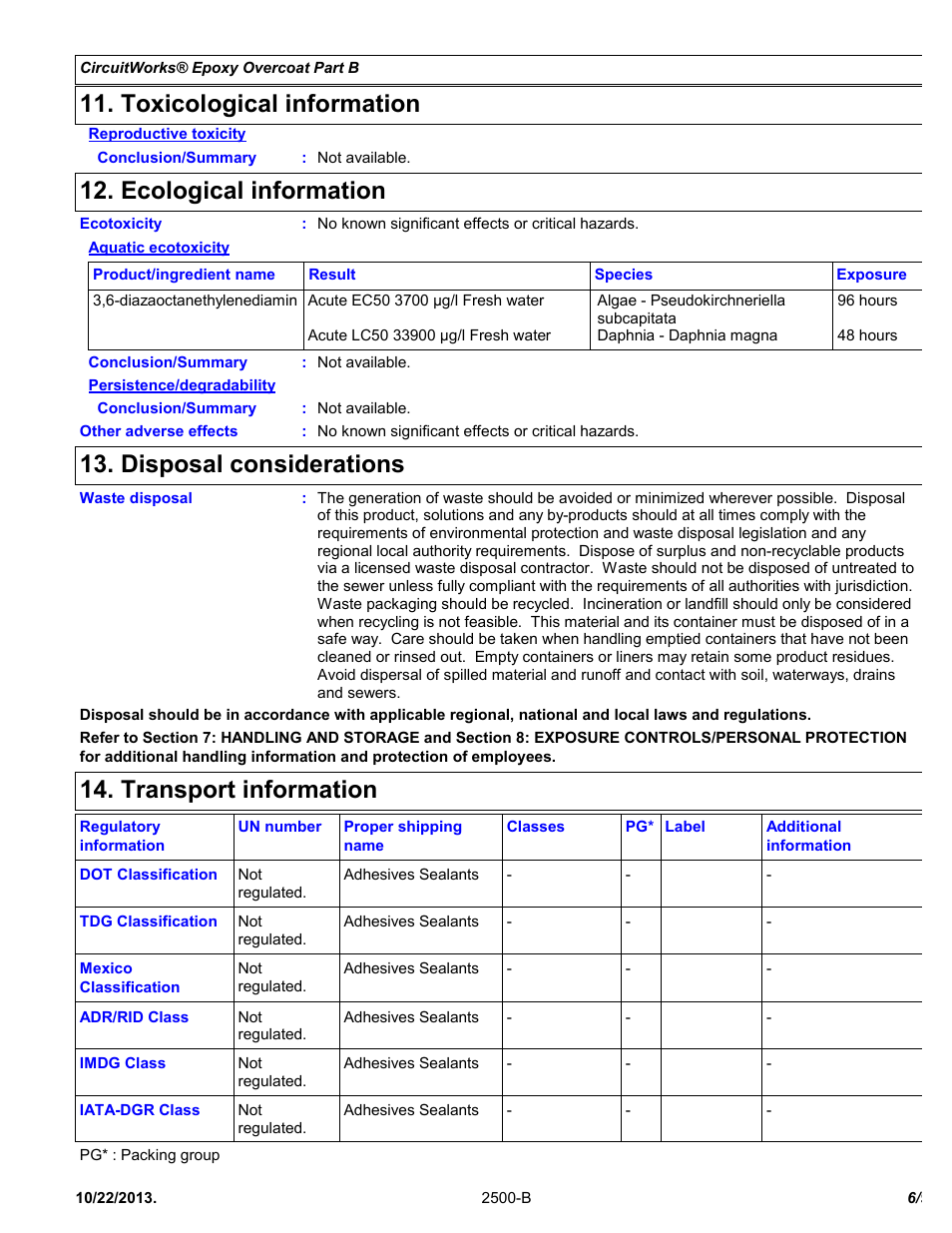 Toxicological information, Ecological information, Disposal considerations | Transport information | Chemtronics CircuitWorks® Epoxy Overcoat (Adhesive Syringe) CW2500 User Manual | Page 6 / 9