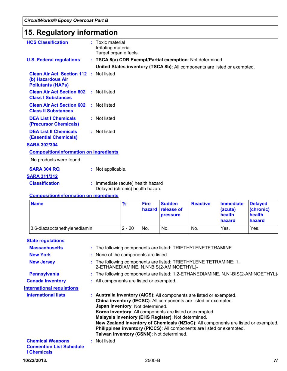 Regulatory information | Chemtronics CircuitWorks® Epoxy Overcoat (Adhesive Syringe) CW2500 User Manual | Page 7 / 9