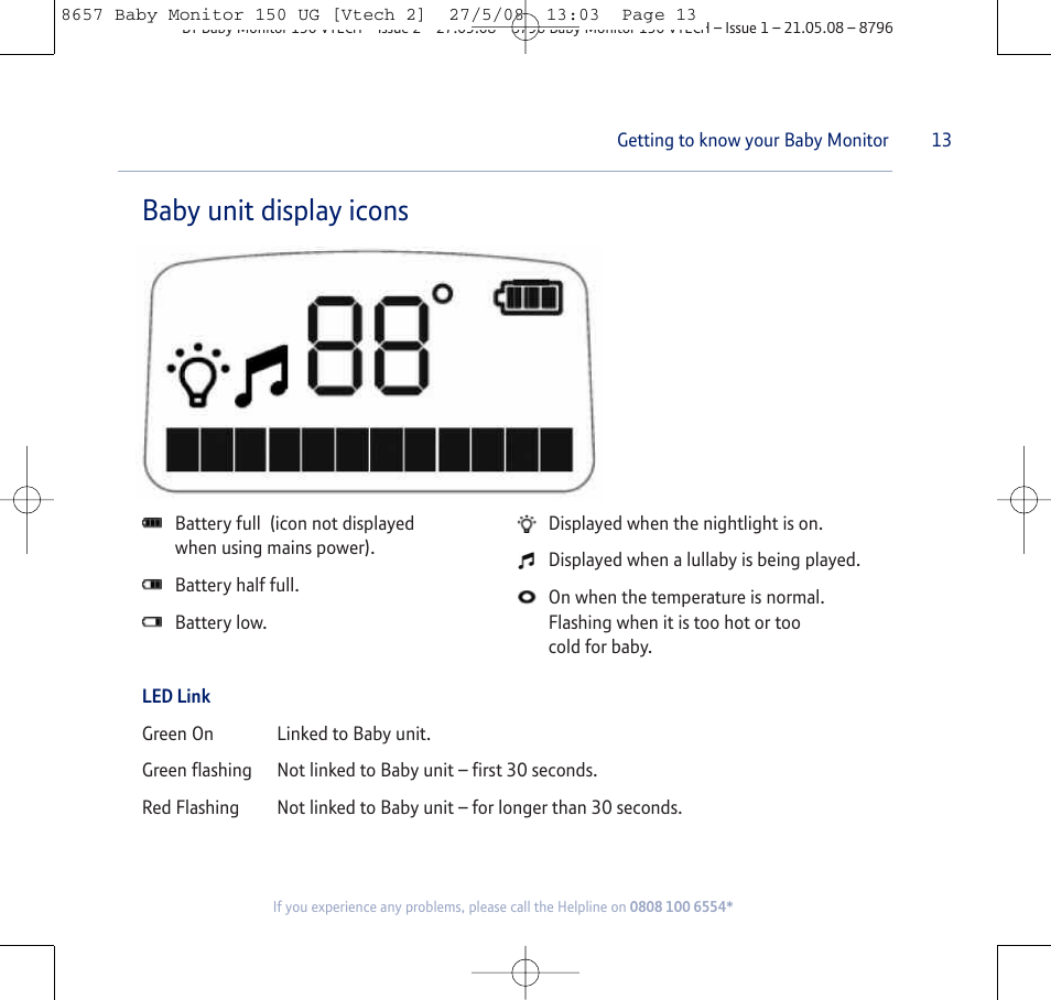 Baby unit display icons | BT 150 User Manual | Page 13 / 32