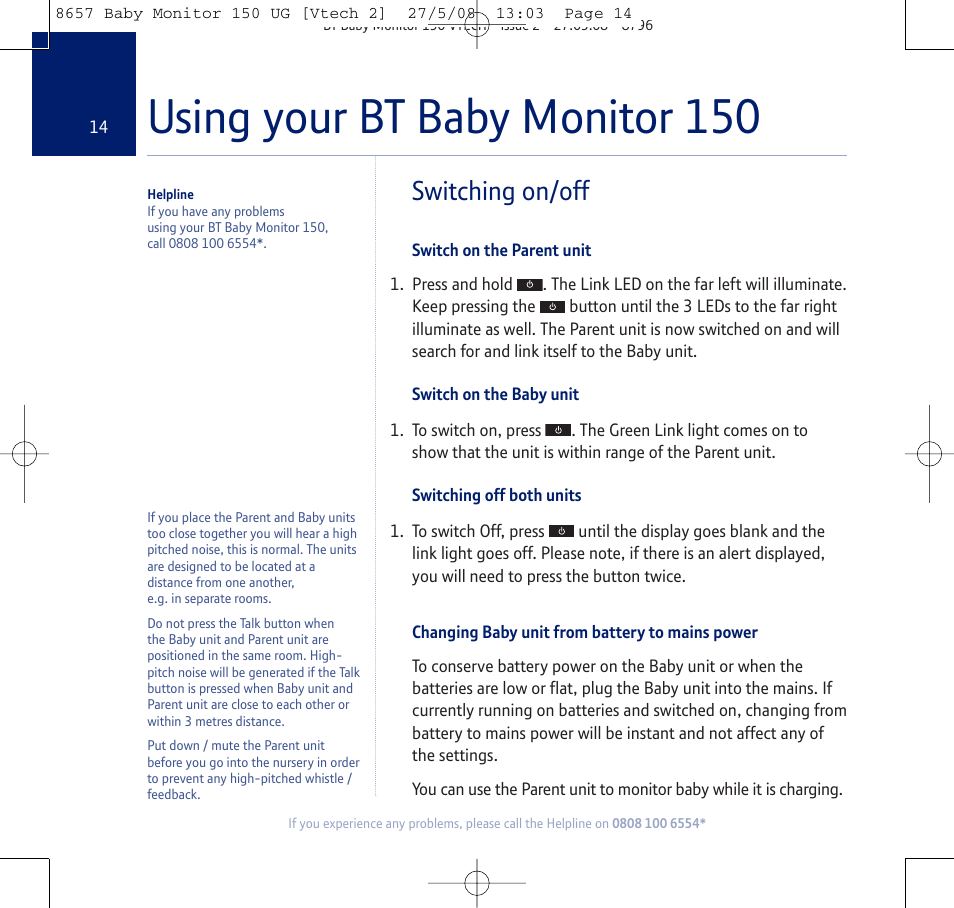 Using your bt baby monitor 150, Switching on/off | BT 150 User Manual | Page 14 / 32