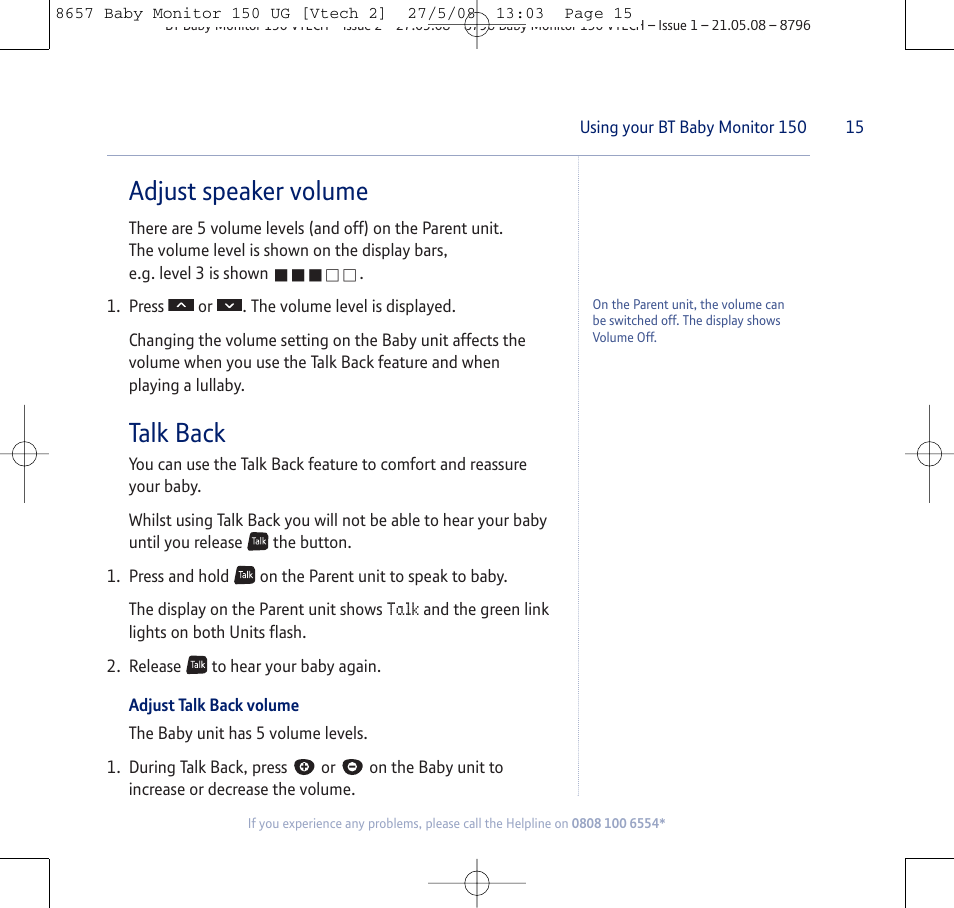 Adjust speaker volume, Talk back | BT 150 User Manual | Page 15 / 32