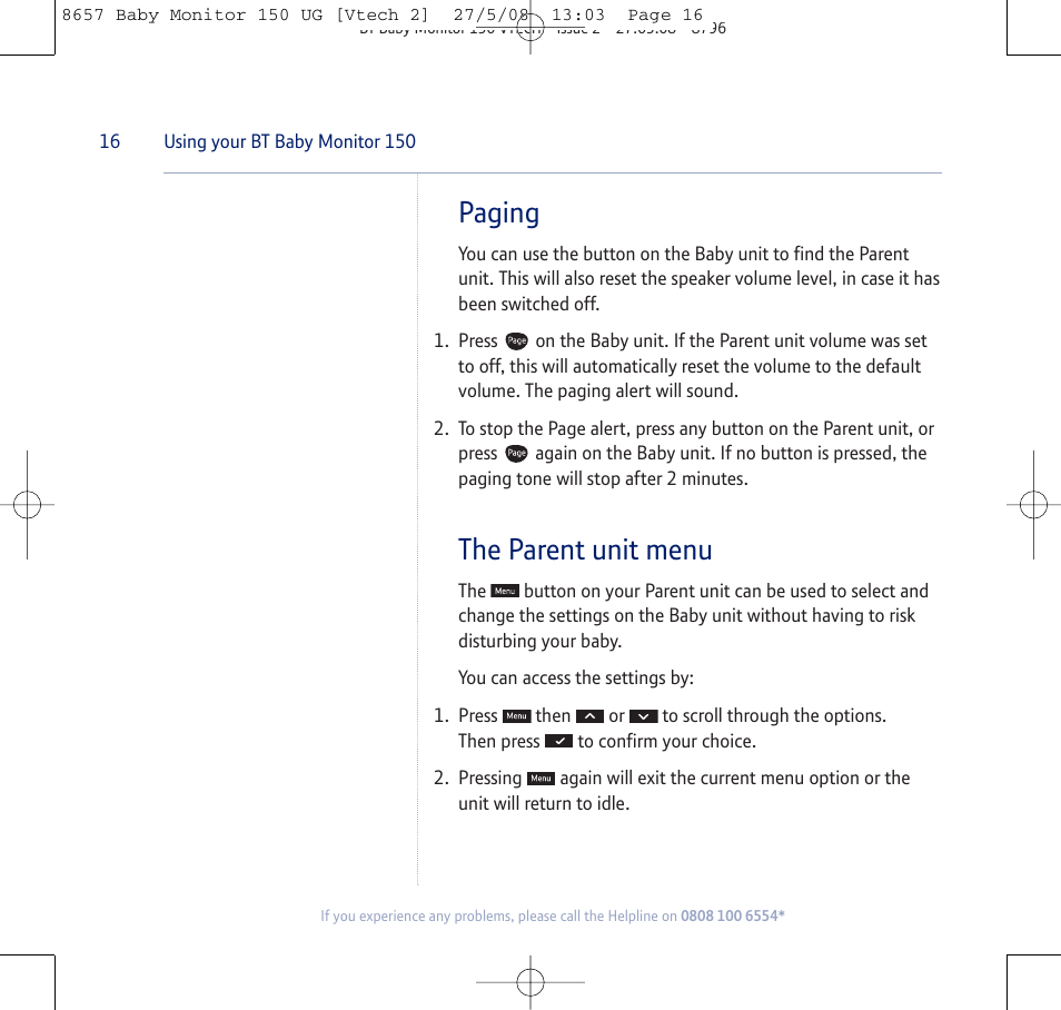 Paging, The parent unit menu | BT 150 User Manual | Page 16 / 32