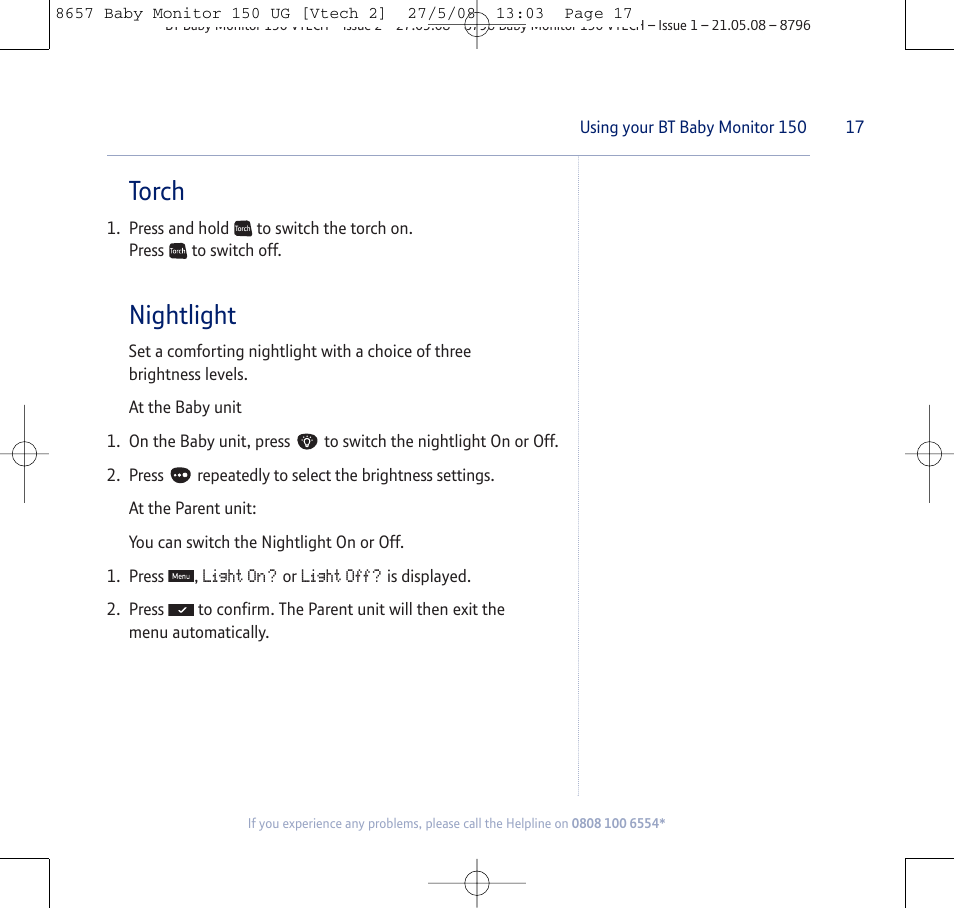 Torch, Nightlight | BT 150 User Manual | Page 17 / 32