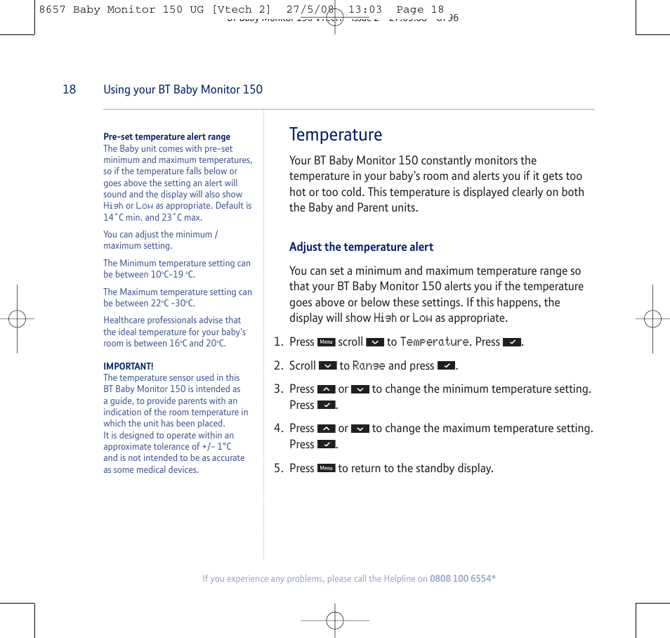Temperature, High, Range | BT 150 User Manual | Page 18 / 32