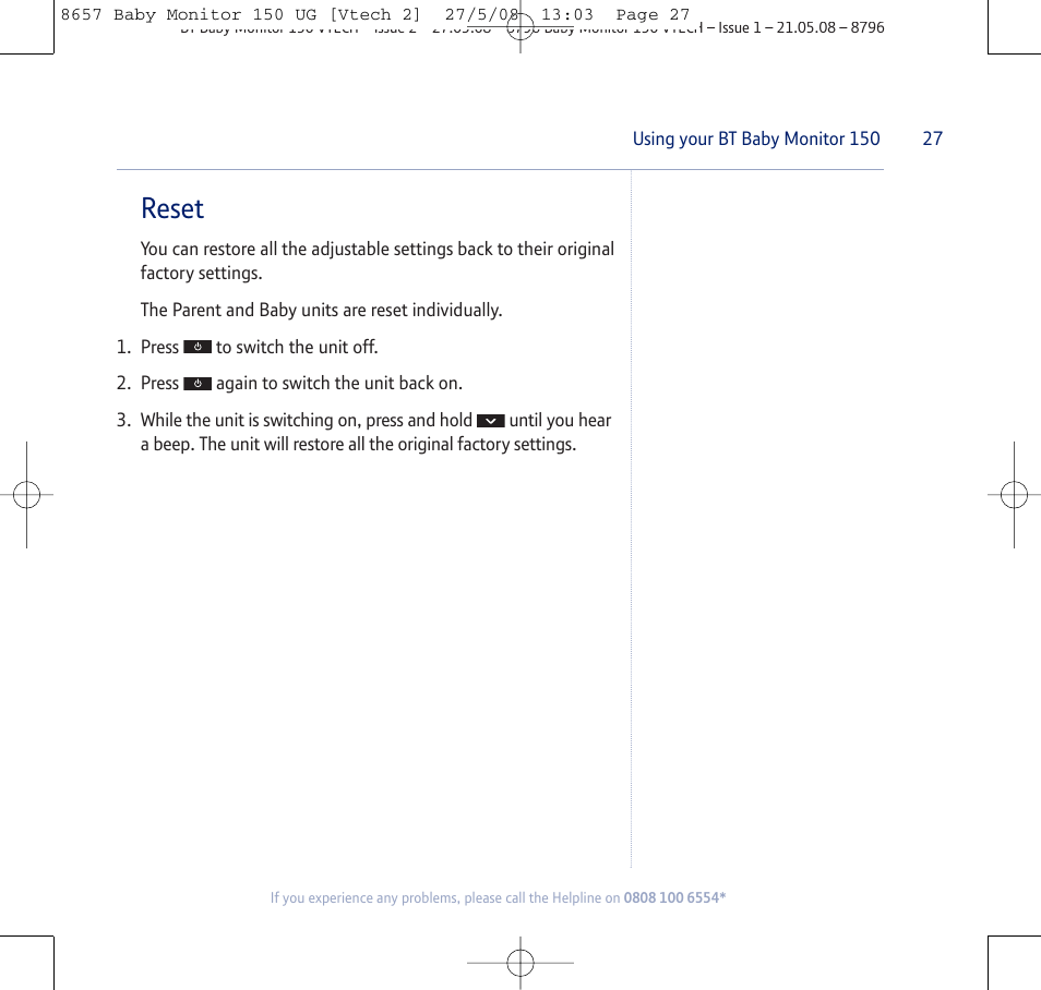 Reset | BT 150 User Manual | Page 27 / 32