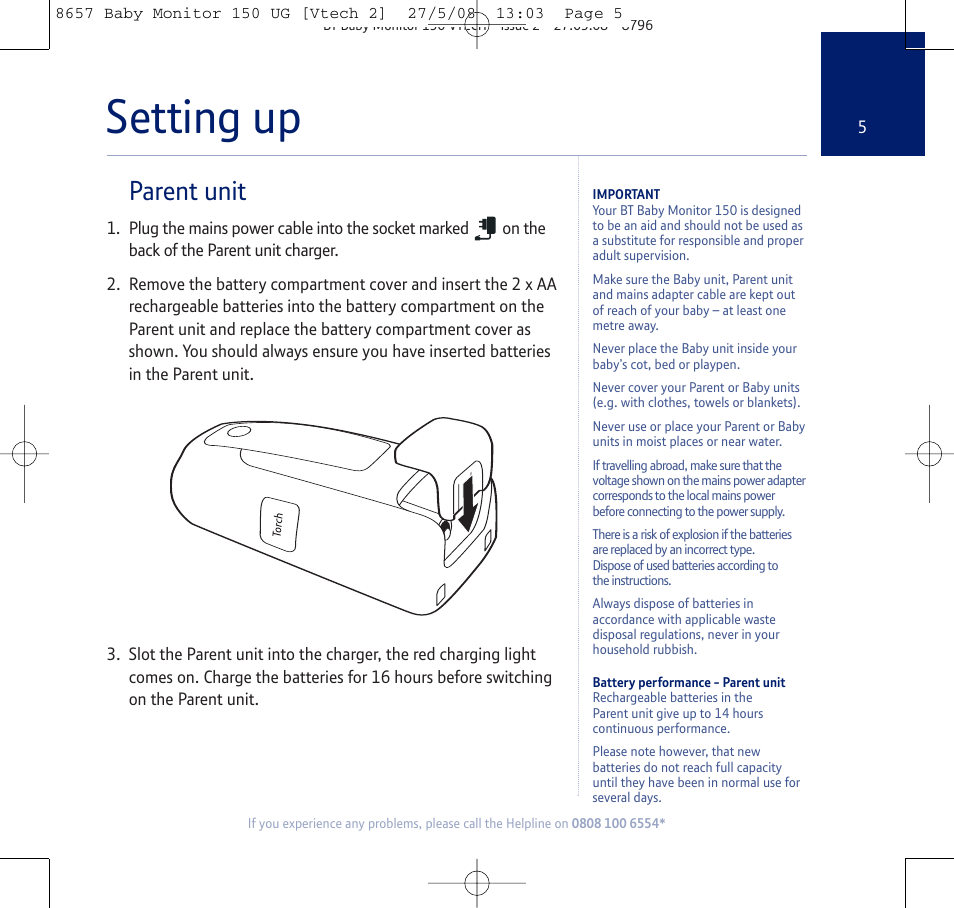 Setting up, Parent unit | BT 150 User Manual | Page 5 / 32