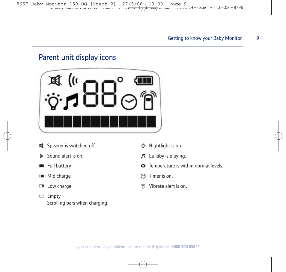 Parent unit display icons | BT 150 User Manual | Page 9 / 32