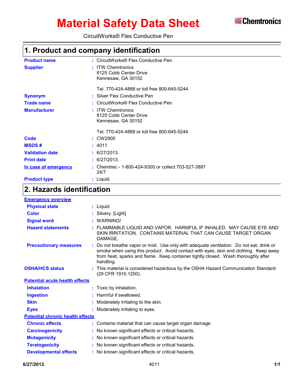 Chemtronics CircuitWorks® Flex Conductive Pen CW2900 User Manual | 11 pages