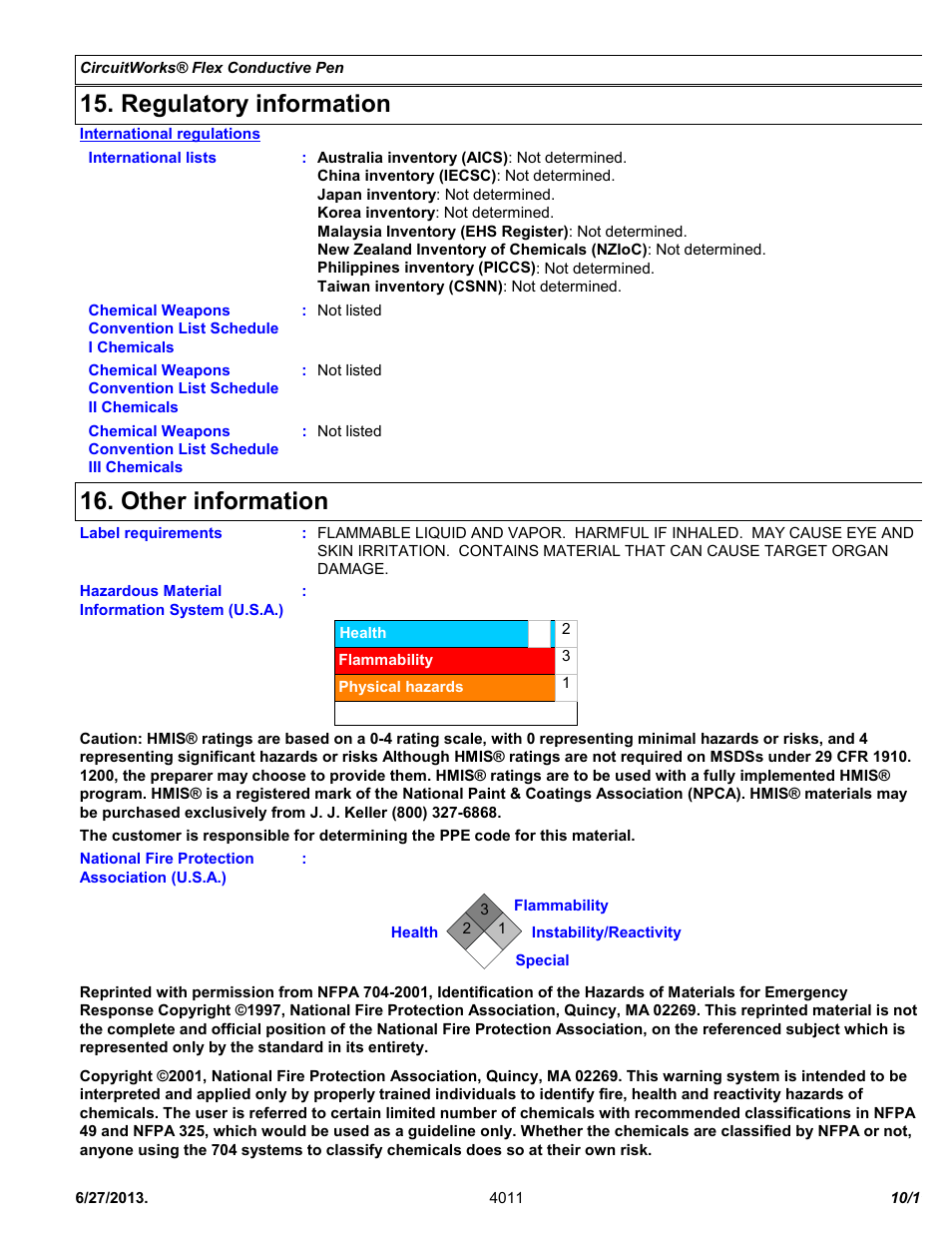 Regulatory information, Other information | Chemtronics CircuitWorks® Flex Conductive Pen CW2900 User Manual | Page 10 / 11