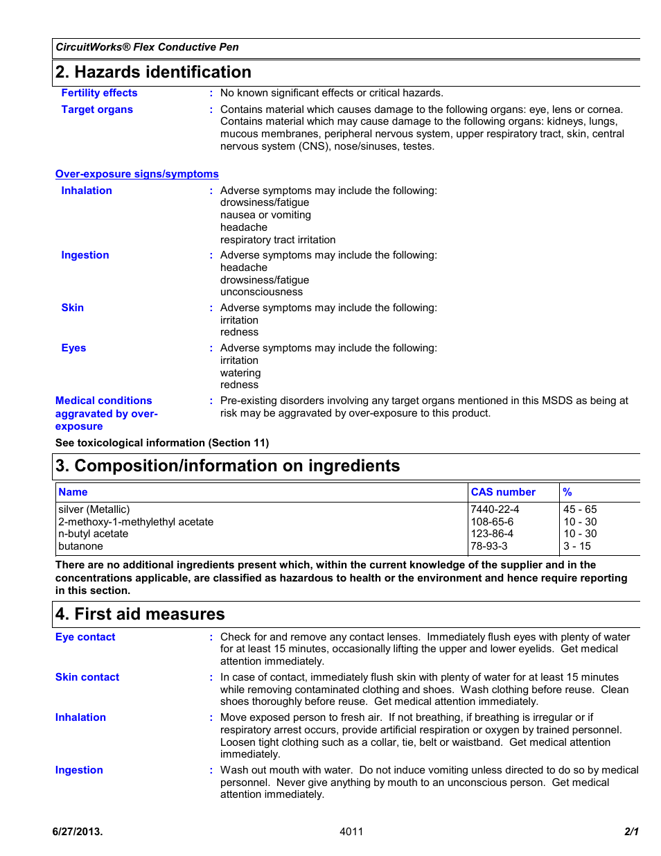 Hazards identification, Composition/information on ingredients, First aid measures | Chemtronics CircuitWorks® Flex Conductive Pen CW2900 User Manual | Page 2 / 11