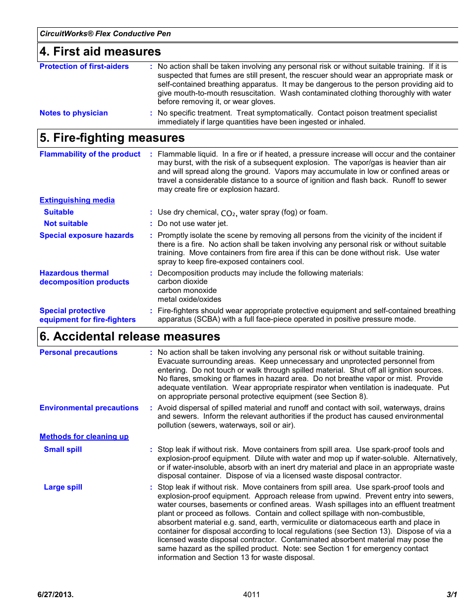 First aid measures, Fire-fighting measures, Accidental release measures | Chemtronics CircuitWorks® Flex Conductive Pen CW2900 User Manual | Page 3 / 11