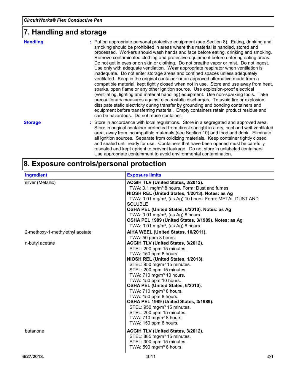 Handling and storage, Exposure controls/personal protection | Chemtronics CircuitWorks® Flex Conductive Pen CW2900 User Manual | Page 4 / 11