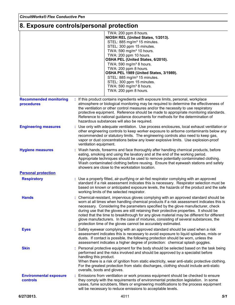 Exposure controls/personal protection | Chemtronics CircuitWorks® Flex Conductive Pen CW2900 User Manual | Page 5 / 11