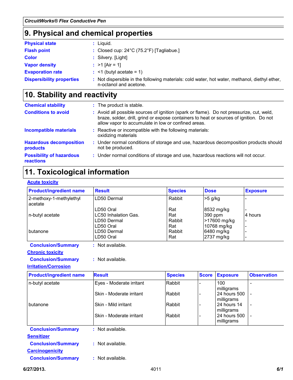 Physical and chemical properties, Stability and reactivity, Toxicological information | Chemtronics CircuitWorks® Flex Conductive Pen CW2900 User Manual | Page 6 / 11