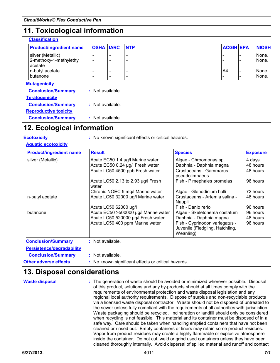 Toxicological information, Ecological information, Disposal considerations | Chemtronics CircuitWorks® Flex Conductive Pen CW2900 User Manual | Page 7 / 11