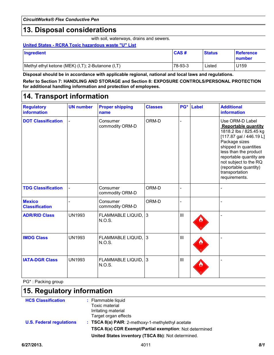 Disposal considerations, Transport information, Regulatory information | Chemtronics CircuitWorks® Flex Conductive Pen CW2900 User Manual | Page 8 / 11