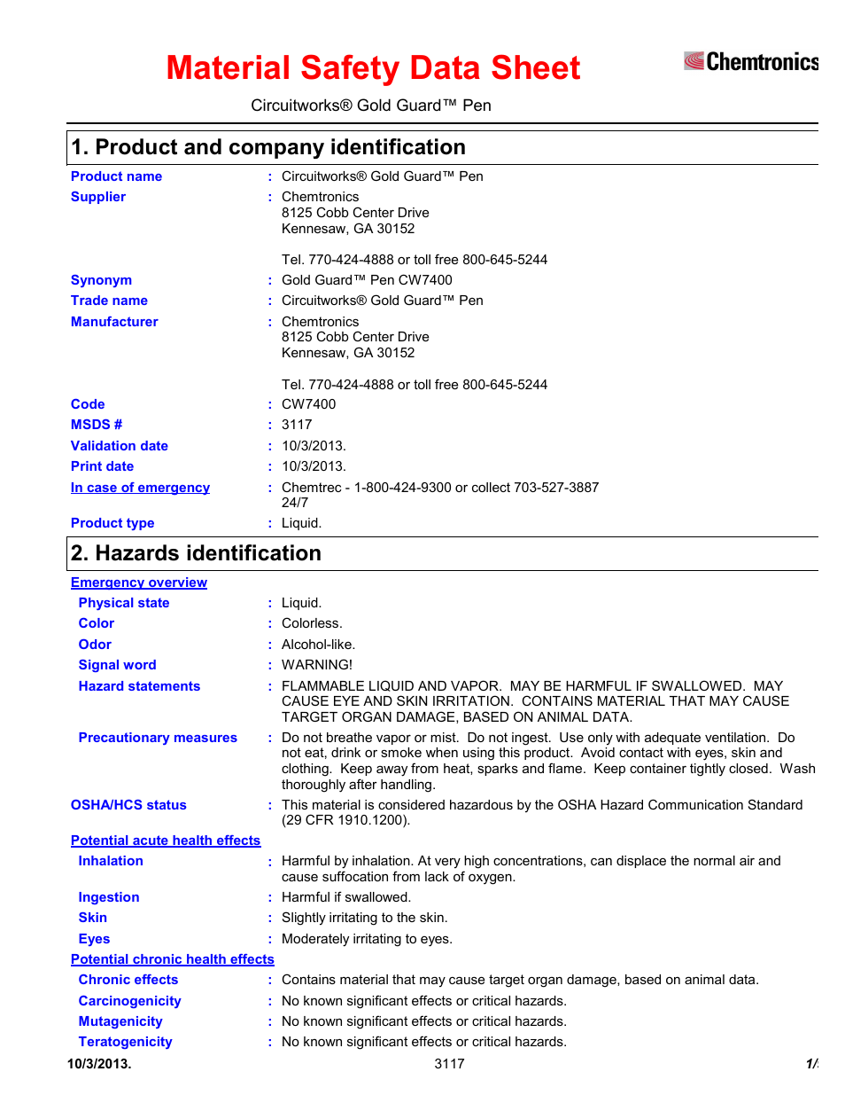 Chemtronics CircuitWorks® Gold Guard™ Pen CW7400 User Manual | 9 pages