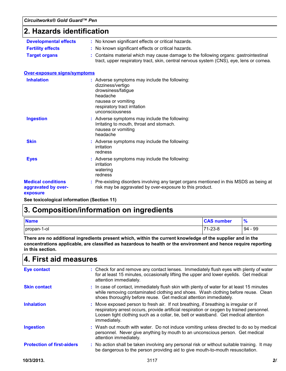 Hazards identification, Composition/information on ingredients, First aid measures | Chemtronics CircuitWorks® Gold Guard™ Pen CW7400 User Manual | Page 2 / 9