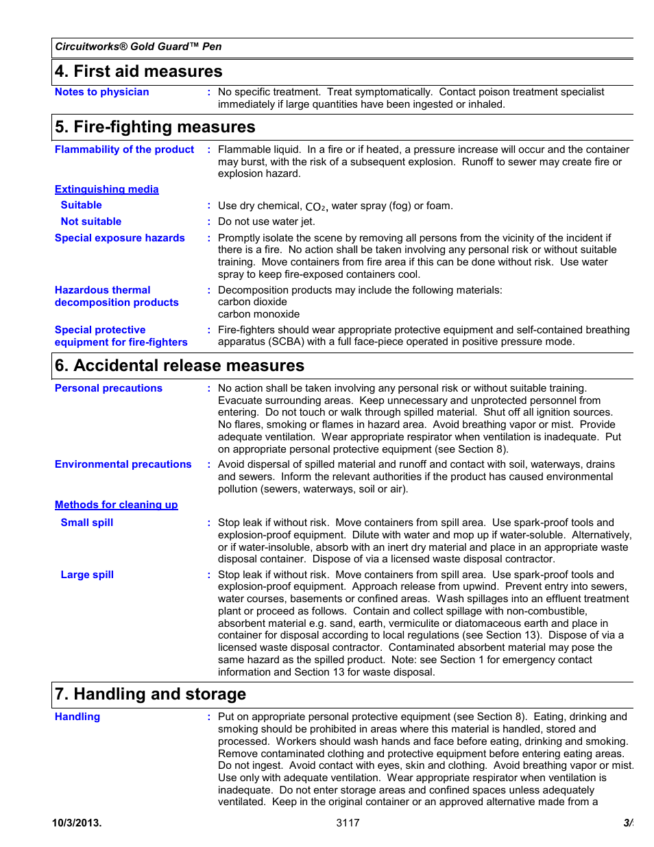 First aid measures, Fire-fighting measures, Accidental release measures | Handling and storage | Chemtronics CircuitWorks® Gold Guard™ Pen CW7400 User Manual | Page 3 / 9