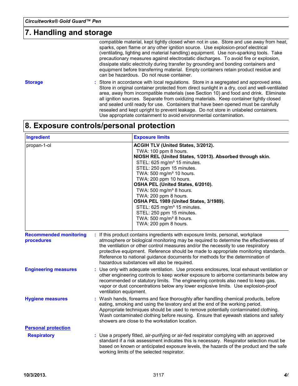 Handling and storage, Exposure controls/personal protection | Chemtronics CircuitWorks® Gold Guard™ Pen CW7400 User Manual | Page 4 / 9