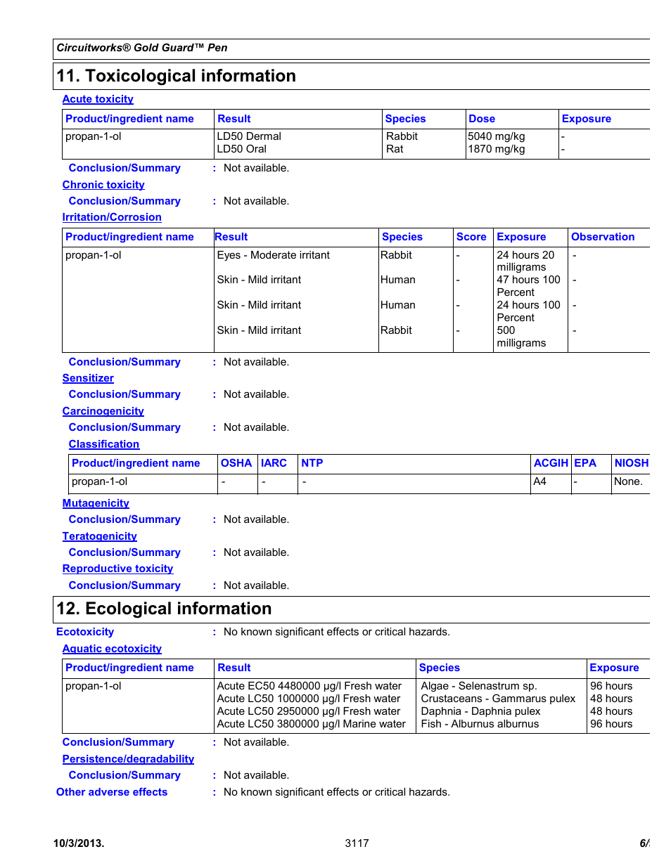 Toxicological information, Ecological information | Chemtronics CircuitWorks® Gold Guard™ Pen CW7400 User Manual | Page 6 / 9