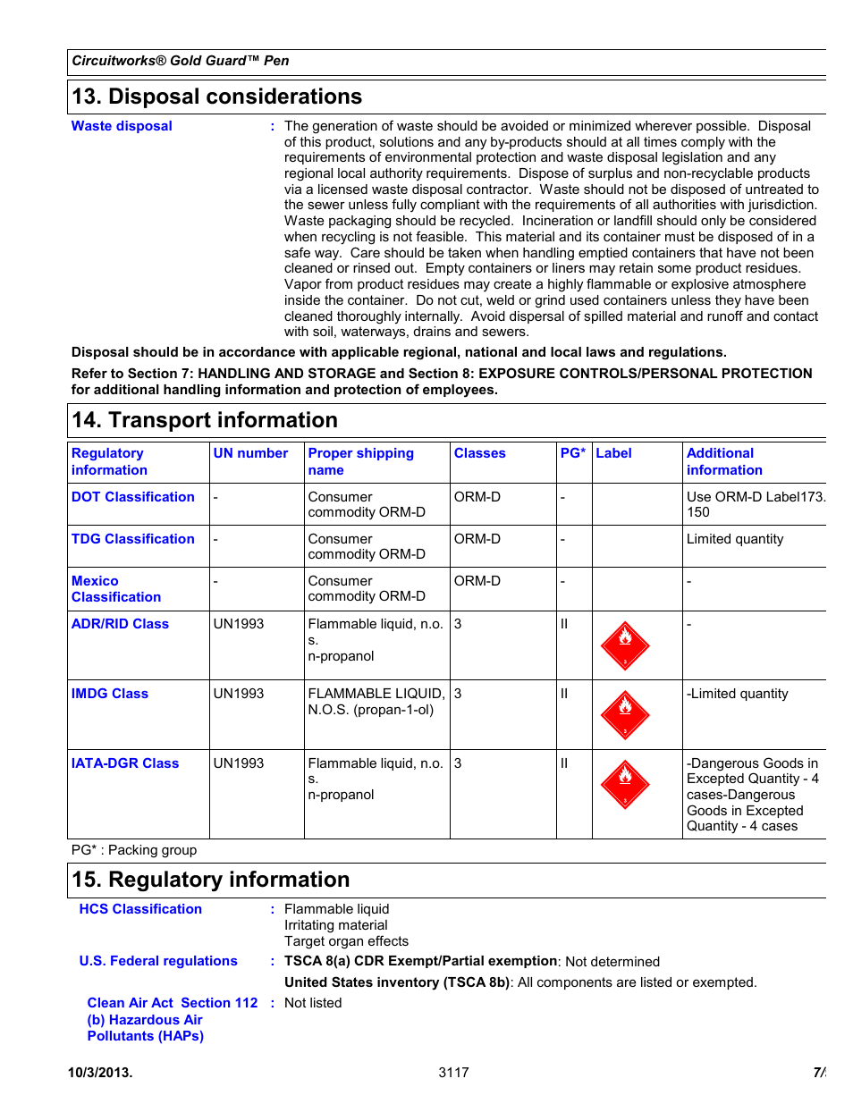 Disposal considerations, Transport information, Regulatory information | Chemtronics CircuitWorks® Gold Guard™ Pen CW7400 User Manual | Page 7 / 9