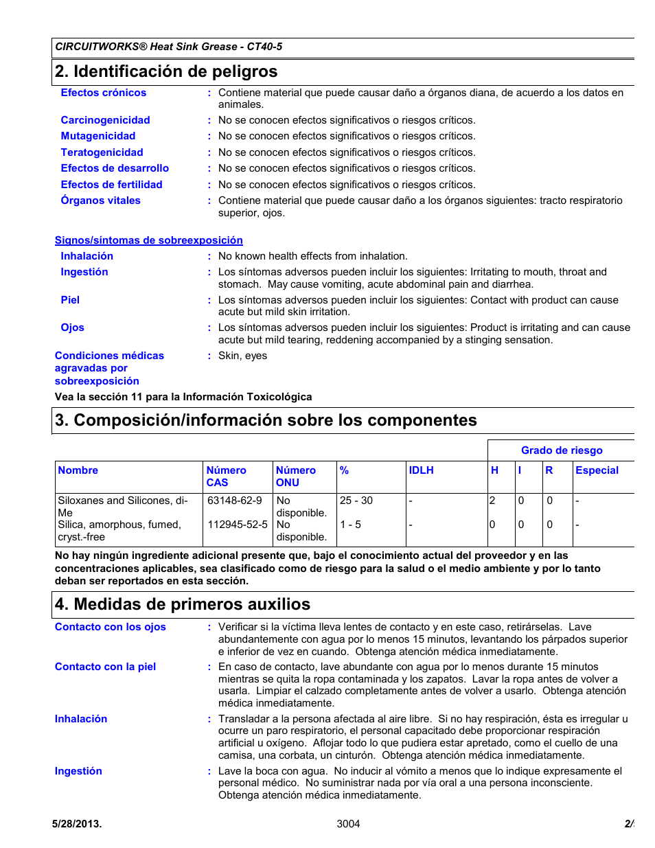 Identificación de peligros, Composición/información sobre los componentes, Medidas de primeros auxilios | Chemtronics CircuitWorks® Heat Sink Grease CT40-5 User Manual | Page 2 / 9