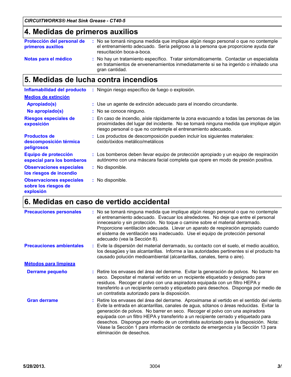 Medidas de primeros auxilios, Medidas de lucha contra incendios, Medidas en caso de vertido accidental | Chemtronics CircuitWorks® Heat Sink Grease CT40-5 User Manual | Page 3 / 9