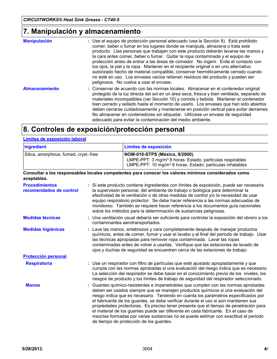 Manipulación y almacenamiento, Controles de exposición/protección personal | Chemtronics CircuitWorks® Heat Sink Grease CT40-5 User Manual | Page 4 / 9