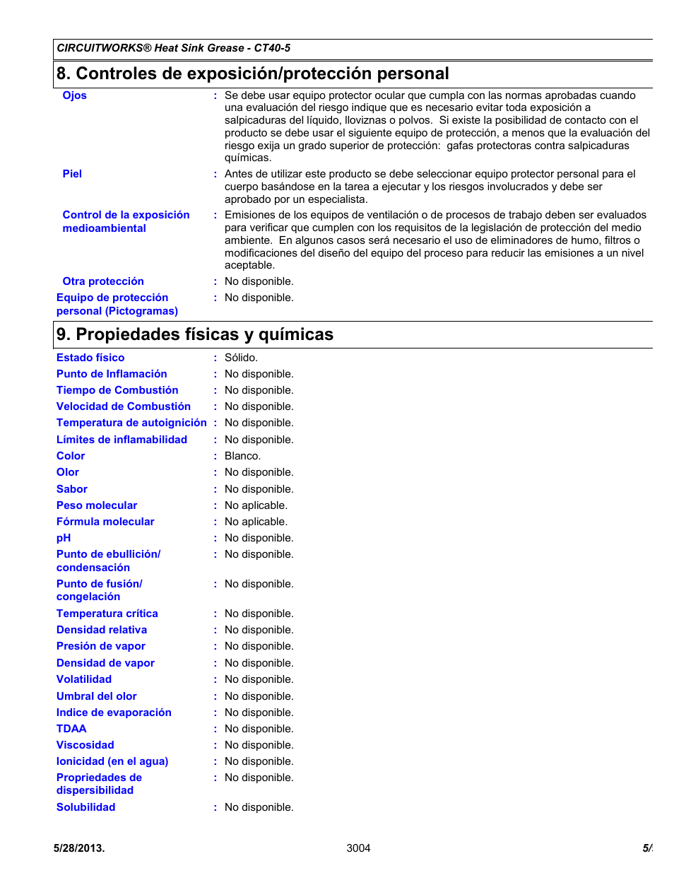 Controles de exposición/protección personal, Propiedades físicas y químicas | Chemtronics CircuitWorks® Heat Sink Grease CT40-5 User Manual | Page 5 / 9