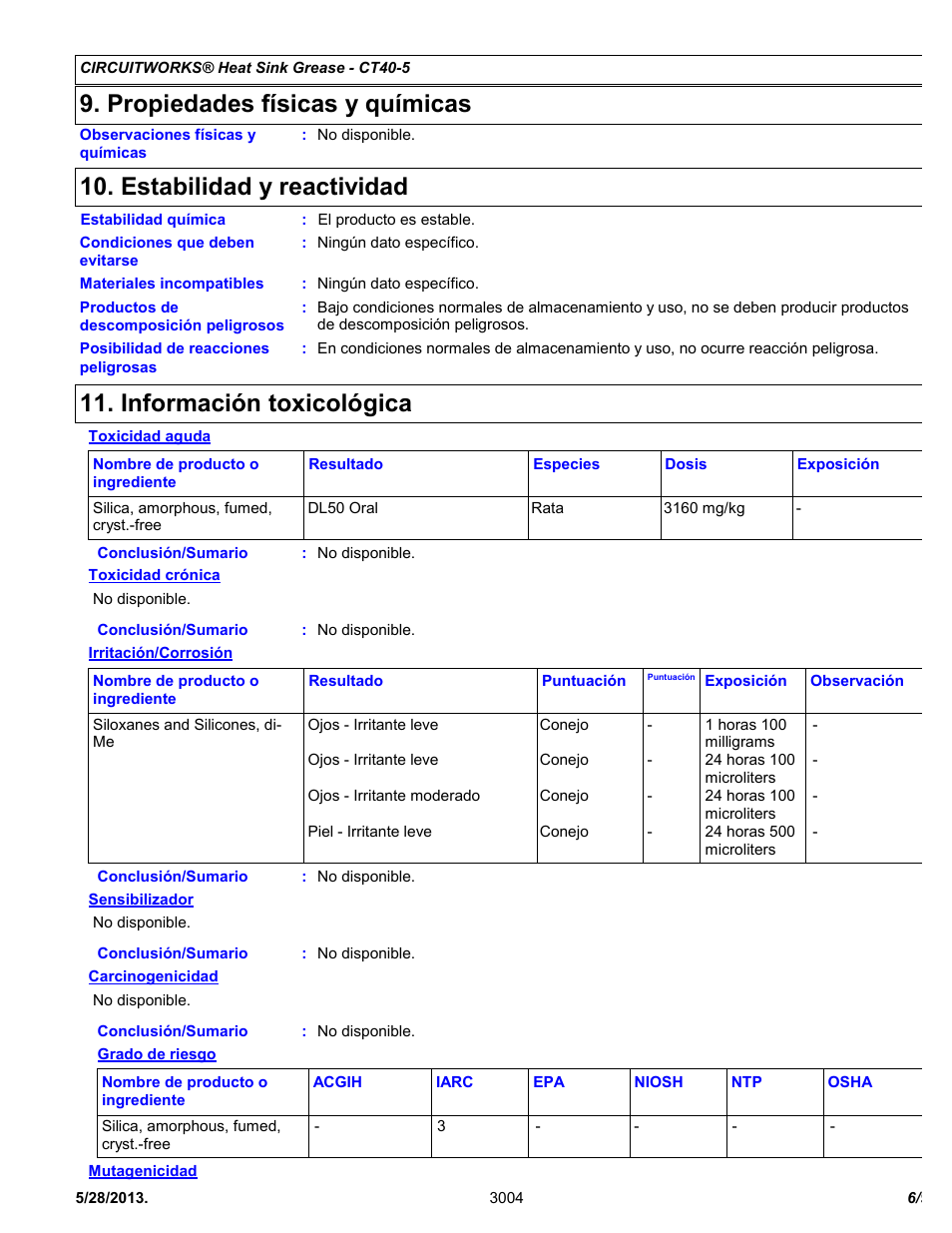 Propiedades físicas y químicas, Estabilidad y reactividad, Información toxicológica | Chemtronics CircuitWorks® Heat Sink Grease CT40-5 User Manual | Page 6 / 9