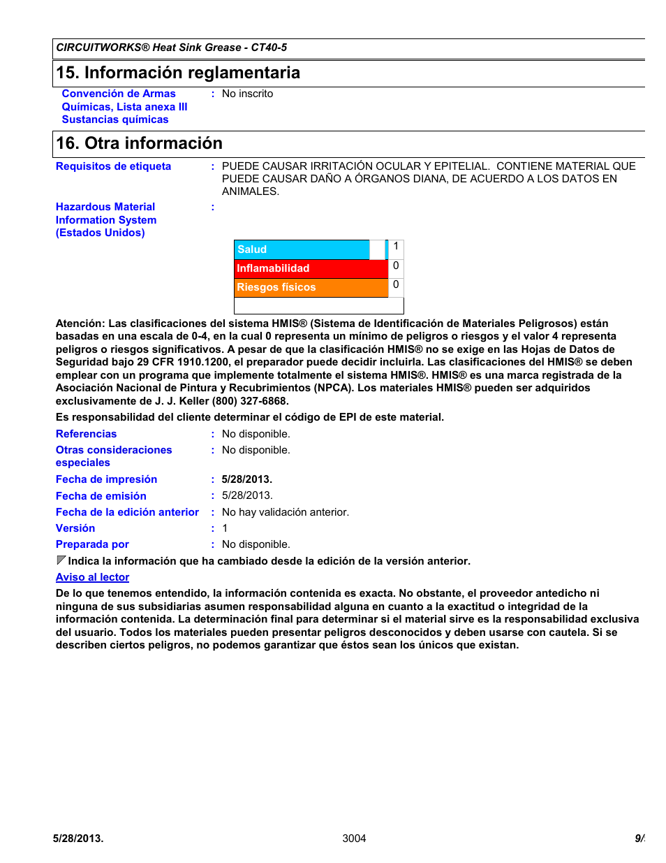 Información reglamentaria, Otra información | Chemtronics CircuitWorks® Heat Sink Grease CT40-5 User Manual | Page 9 / 9
