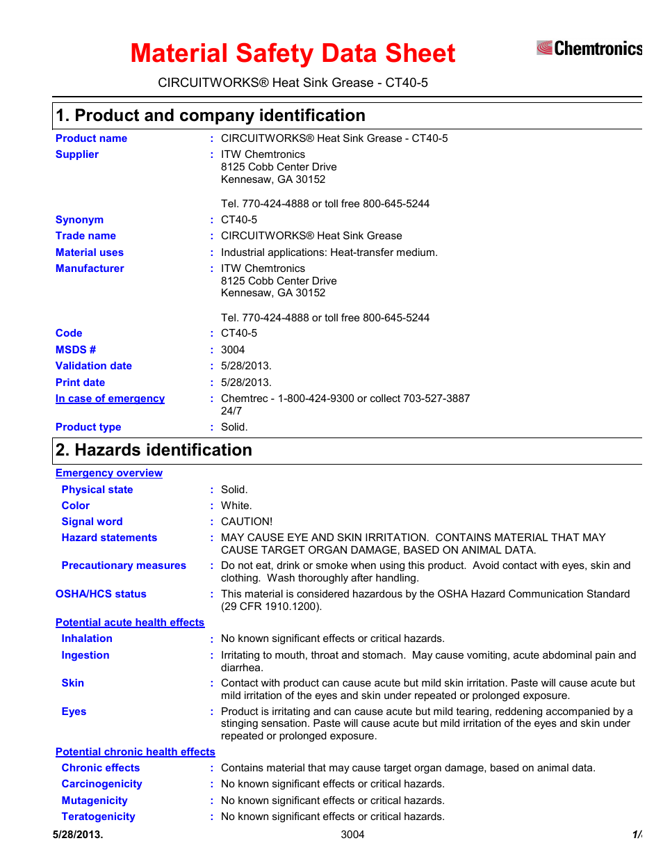 Chemtronics CircuitWorks® Heat Sink Grease CT40-5 User Manual | 8 pages