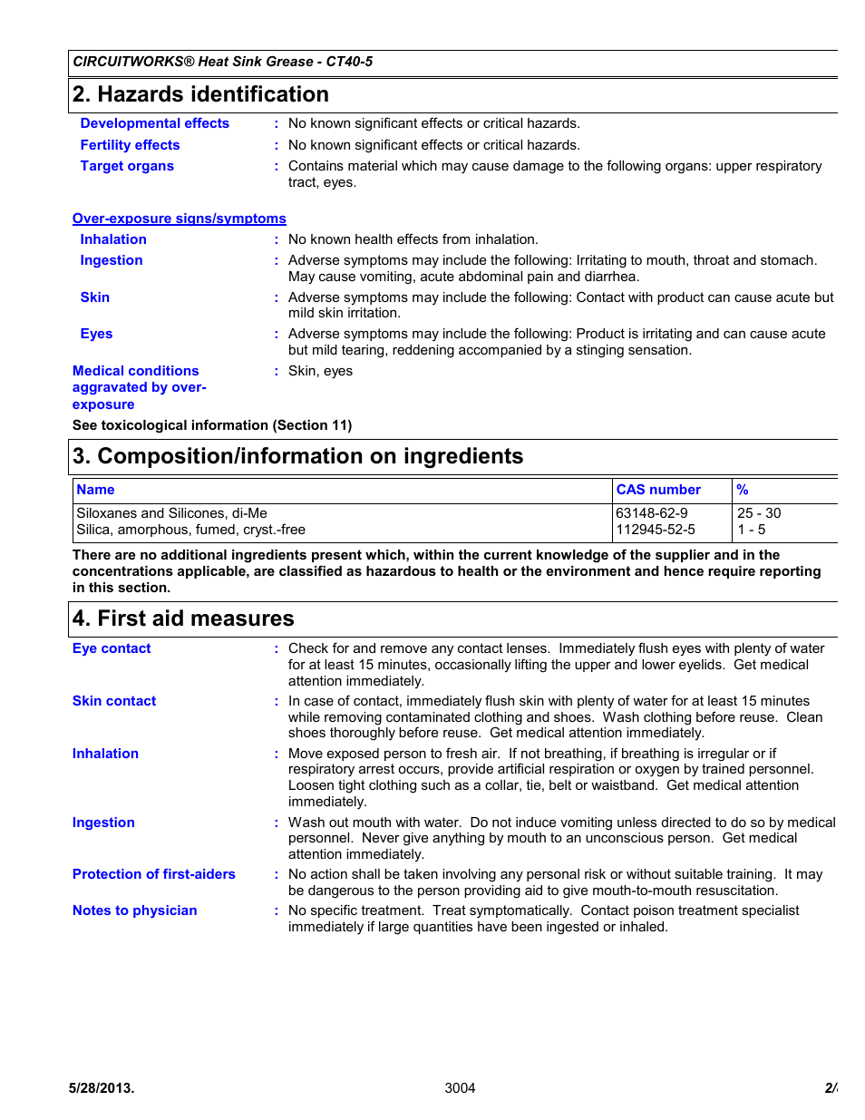 Hazards identification, Composition/information on ingredients, First aid measures | Chemtronics CircuitWorks® Heat Sink Grease CT40-5 User Manual | Page 2 / 8