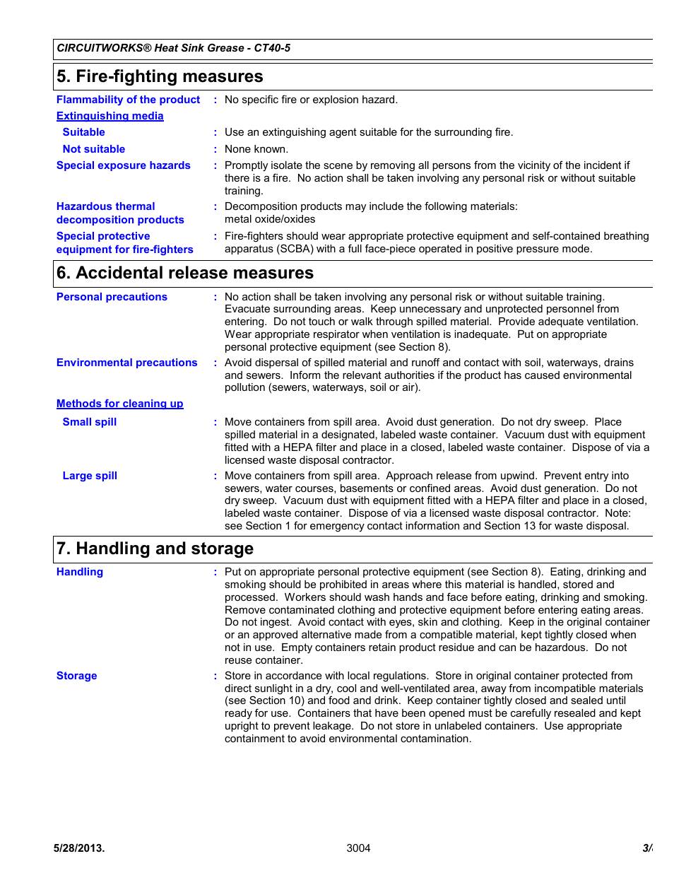 Fire-fighting measures, Accidental release measures, Handling and storage | Chemtronics CircuitWorks® Heat Sink Grease CT40-5 User Manual | Page 3 / 8