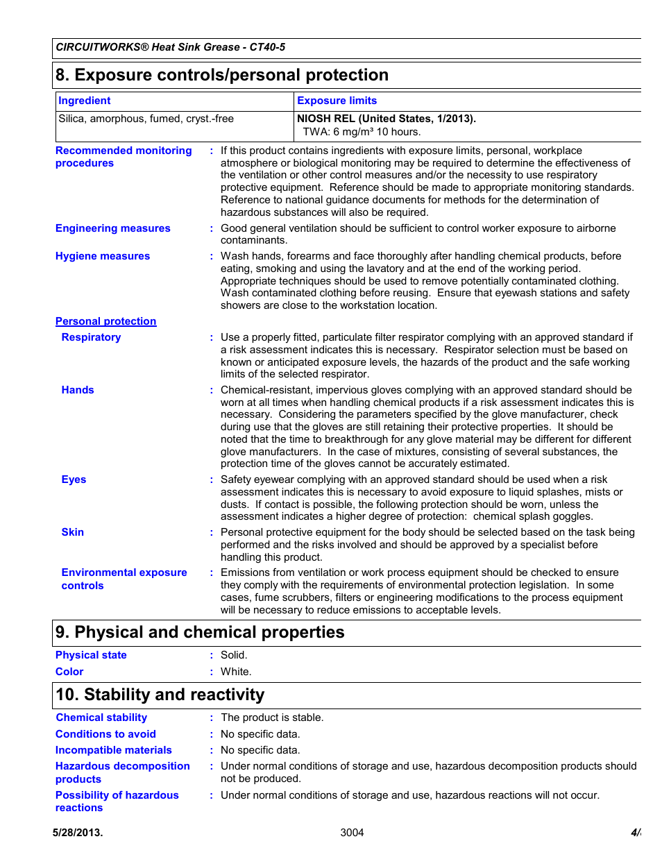 Exposure controls/personal protection, Physical and chemical properties, Stability and reactivity | Chemtronics CircuitWorks® Heat Sink Grease CT40-5 User Manual | Page 4 / 8