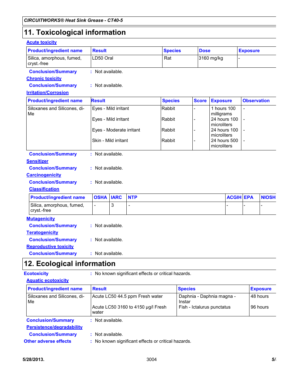 Toxicological information, Ecological information | Chemtronics CircuitWorks® Heat Sink Grease CT40-5 User Manual | Page 5 / 8