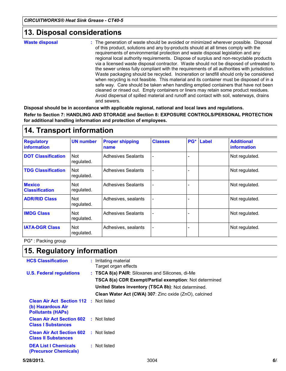 Disposal considerations, Transport information, Regulatory information | Chemtronics CircuitWorks® Heat Sink Grease CT40-5 User Manual | Page 6 / 8