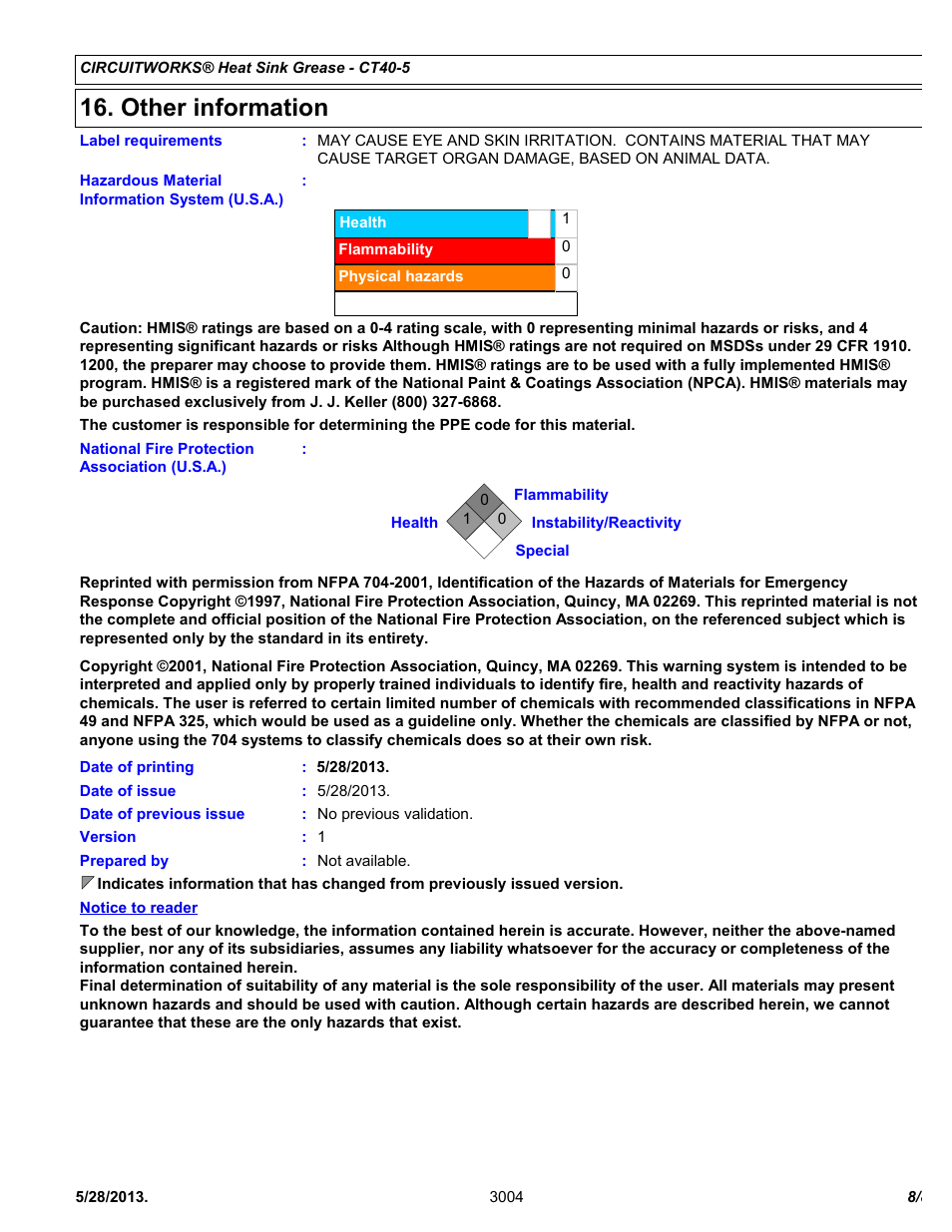 Other information | Chemtronics CircuitWorks® Heat Sink Grease CT40-5 User Manual | Page 8 / 8