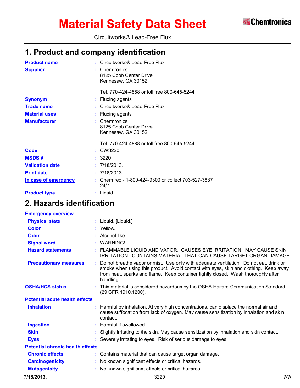 Chemtronics CircuitWorks® Lead-Free Flux CW3220 User Manual | 10 pages