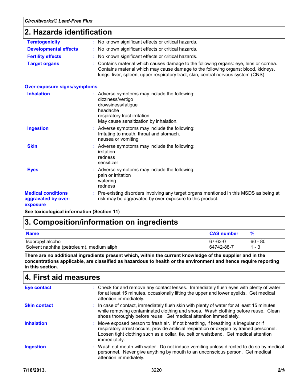 Hazards identification, Composition/information on ingredients, First aid measures | Chemtronics CircuitWorks® Lead-Free Flux CW3220 User Manual | Page 2 / 10