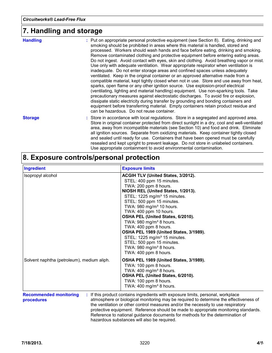 Handling and storage, Exposure controls/personal protection | Chemtronics CircuitWorks® Lead-Free Flux CW3220 User Manual | Page 4 / 10