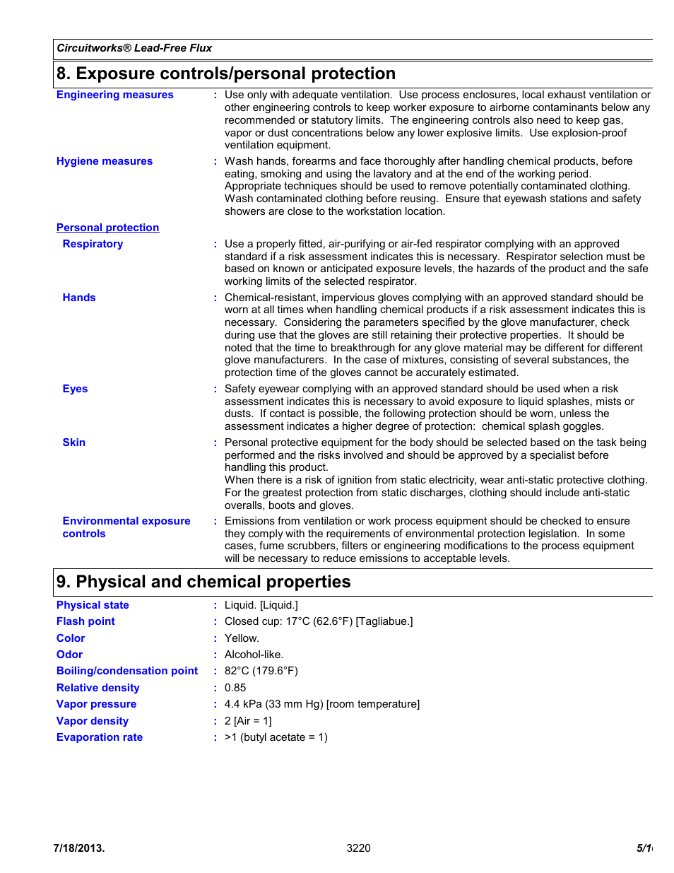 Exposure controls/personal protection, Physical and chemical properties | Chemtronics CircuitWorks® Lead-Free Flux CW3220 User Manual | Page 5 / 10