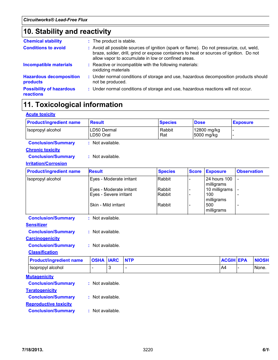 Stability and reactivity, Toxicological information | Chemtronics CircuitWorks® Lead-Free Flux CW3220 User Manual | Page 6 / 10