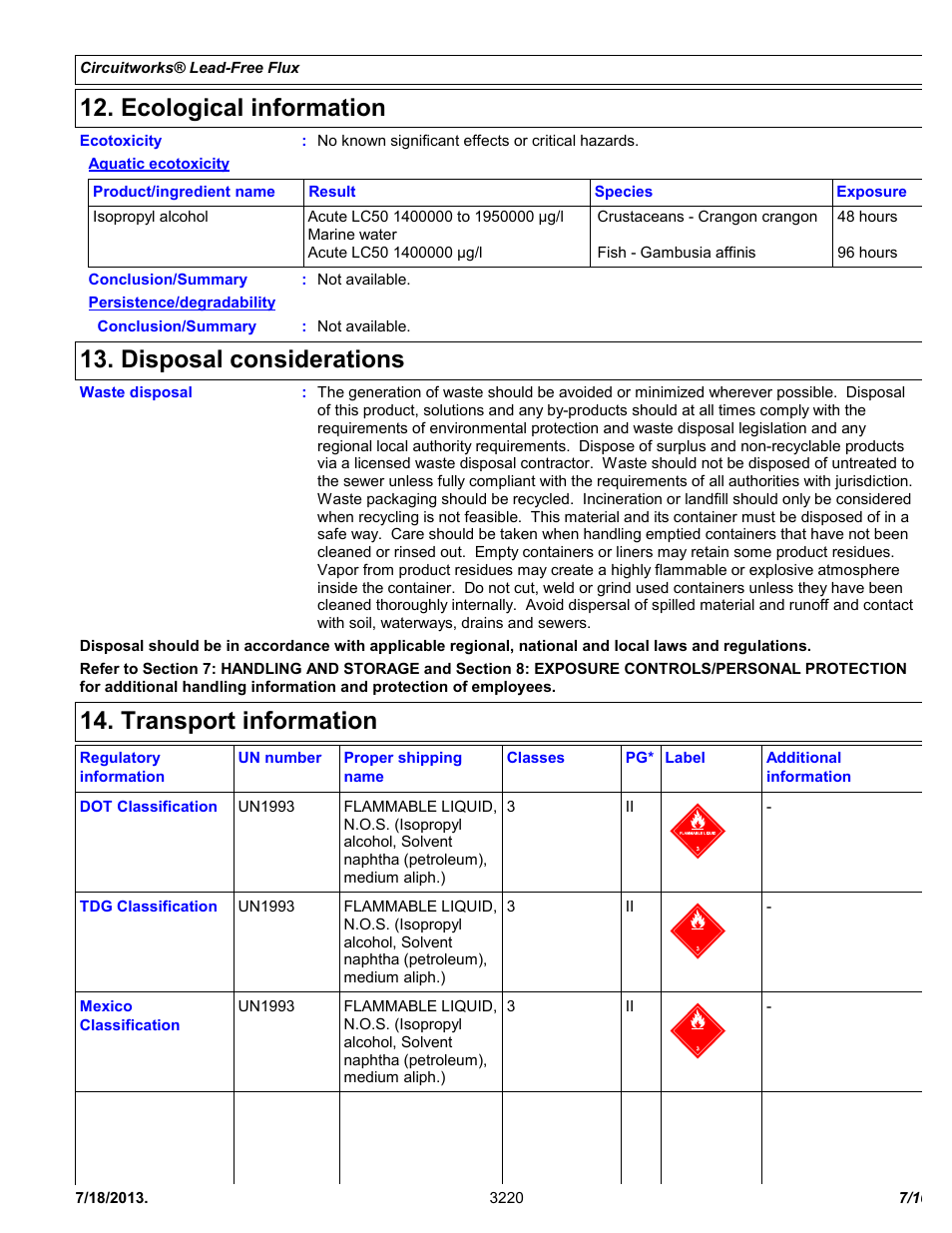 Ecological information, Disposal considerations, Transport information | Chemtronics CircuitWorks® Lead-Free Flux CW3220 User Manual | Page 7 / 10