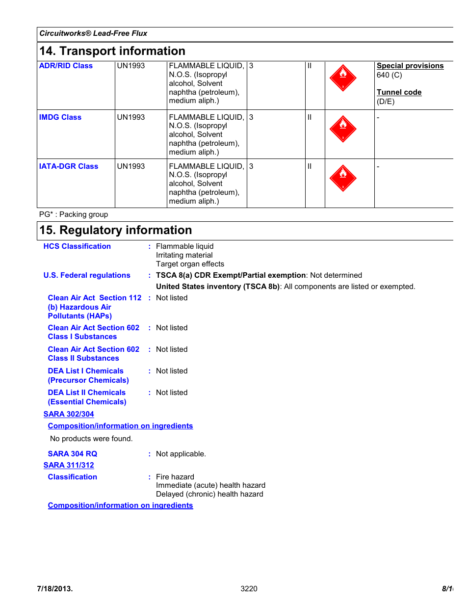 Transport information, Regulatory information | Chemtronics CircuitWorks® Lead-Free Flux CW3220 User Manual | Page 8 / 10