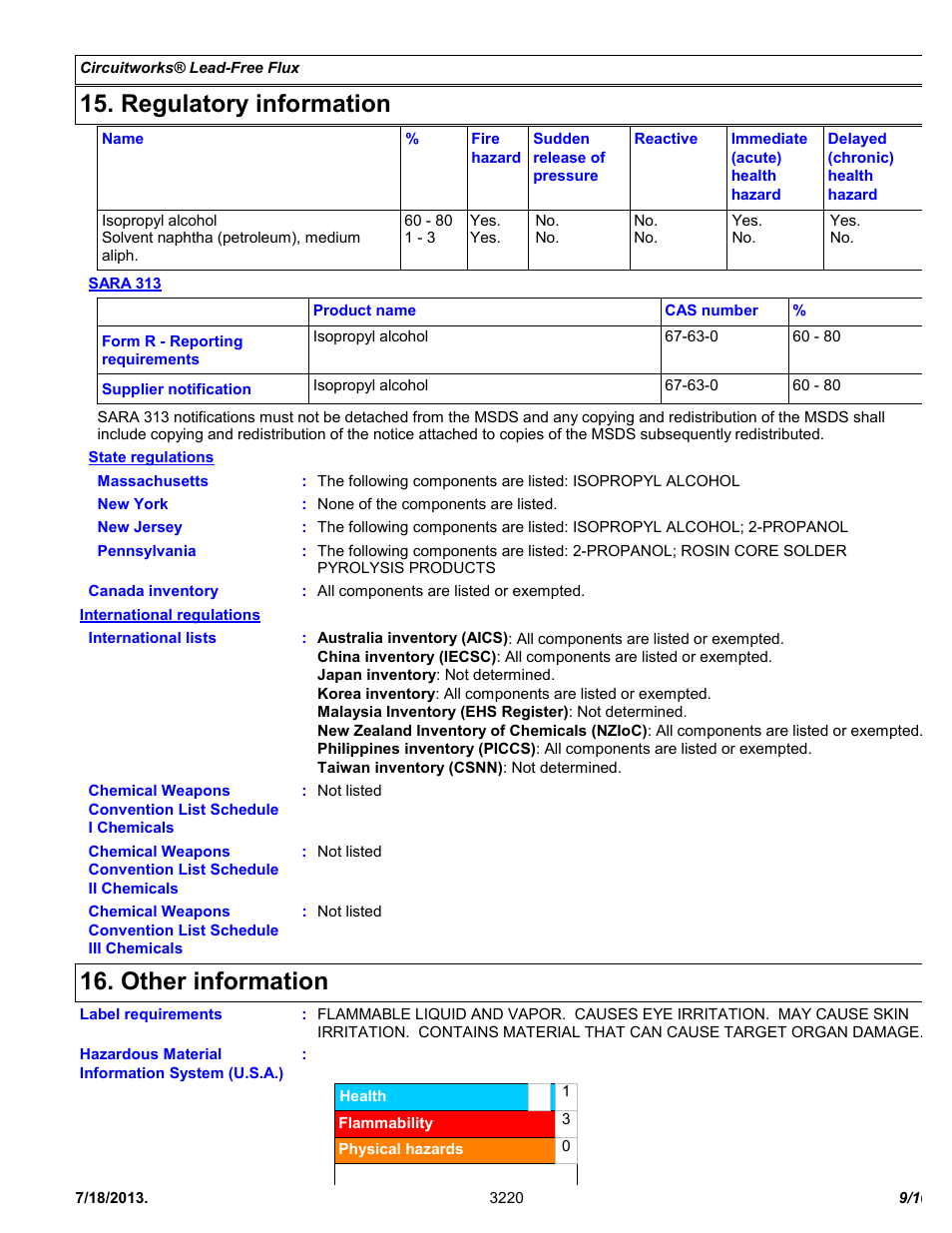 Regulatory information, Other information | Chemtronics CircuitWorks® Lead-Free Flux CW3220 User Manual | Page 9 / 10