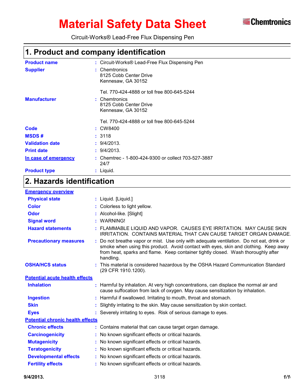 Chemtronics CircuitWorks® Lead-Free Flux Dispensing Pen CW8400 User Manual | 10 pages