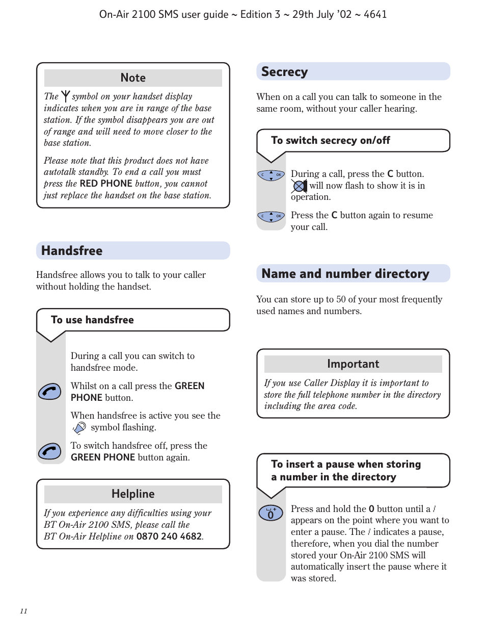 Handsfree, Secrecy, Name and number directory | Helpline, Important | BT Relate SMS User Manual | Page 12 / 35
